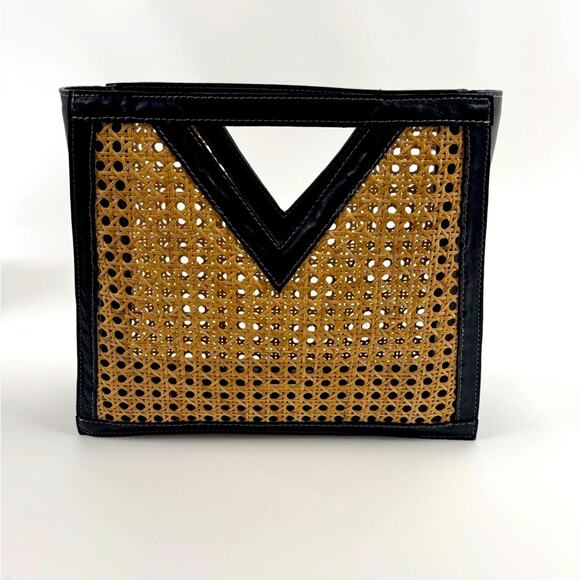 Black leather and rafia unbranded unique modern art tote/top handle bag - Picture 1 of 10